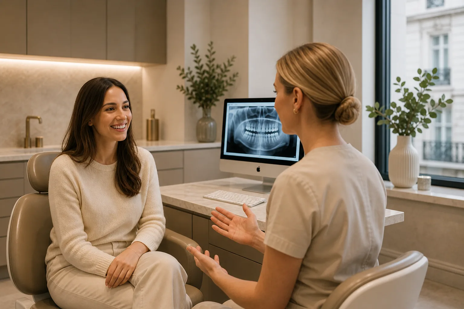 A patient and clinician in conversation, reviewing a digital scan.