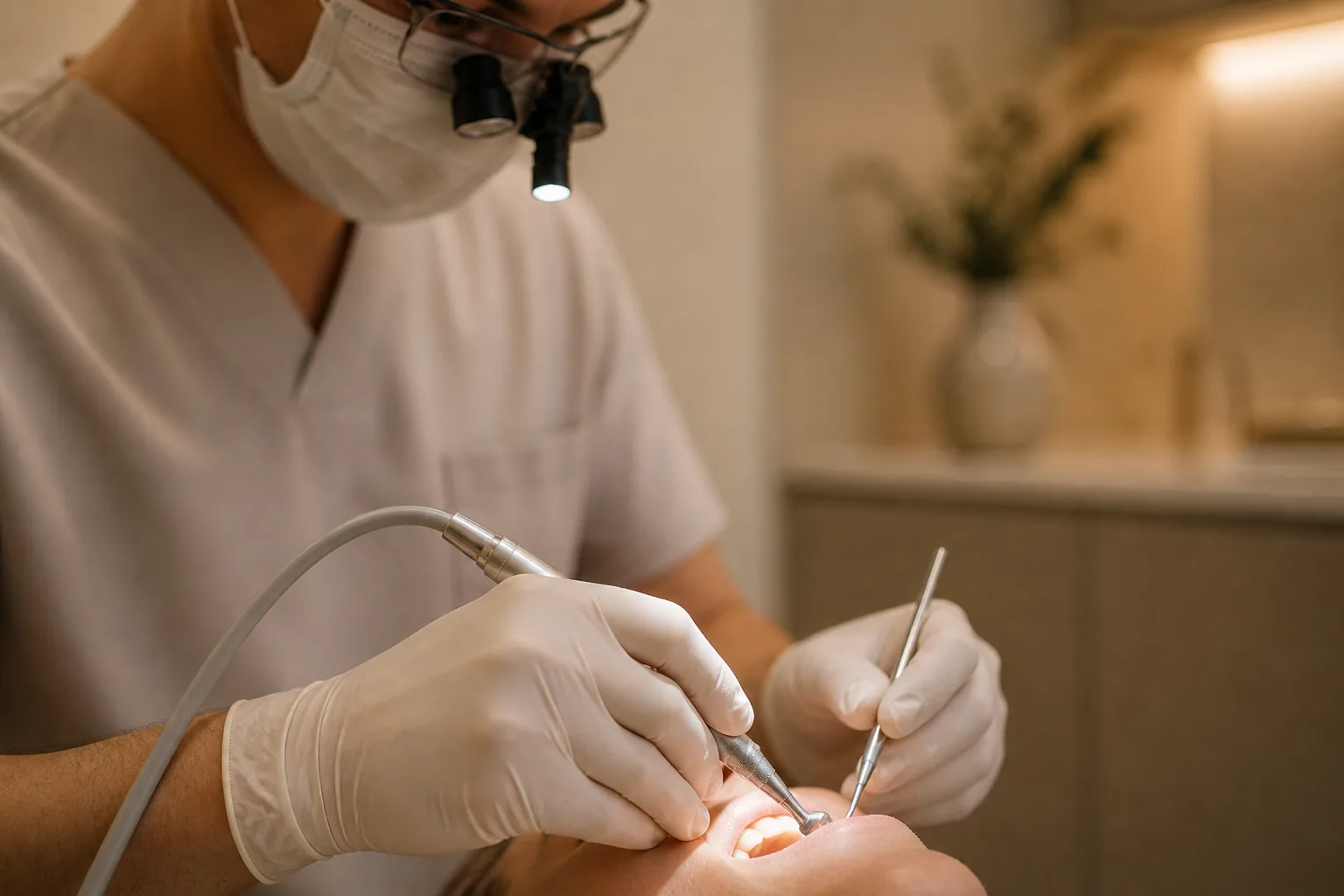 A clinician working with surgical loupes — close attention, fine detail.
