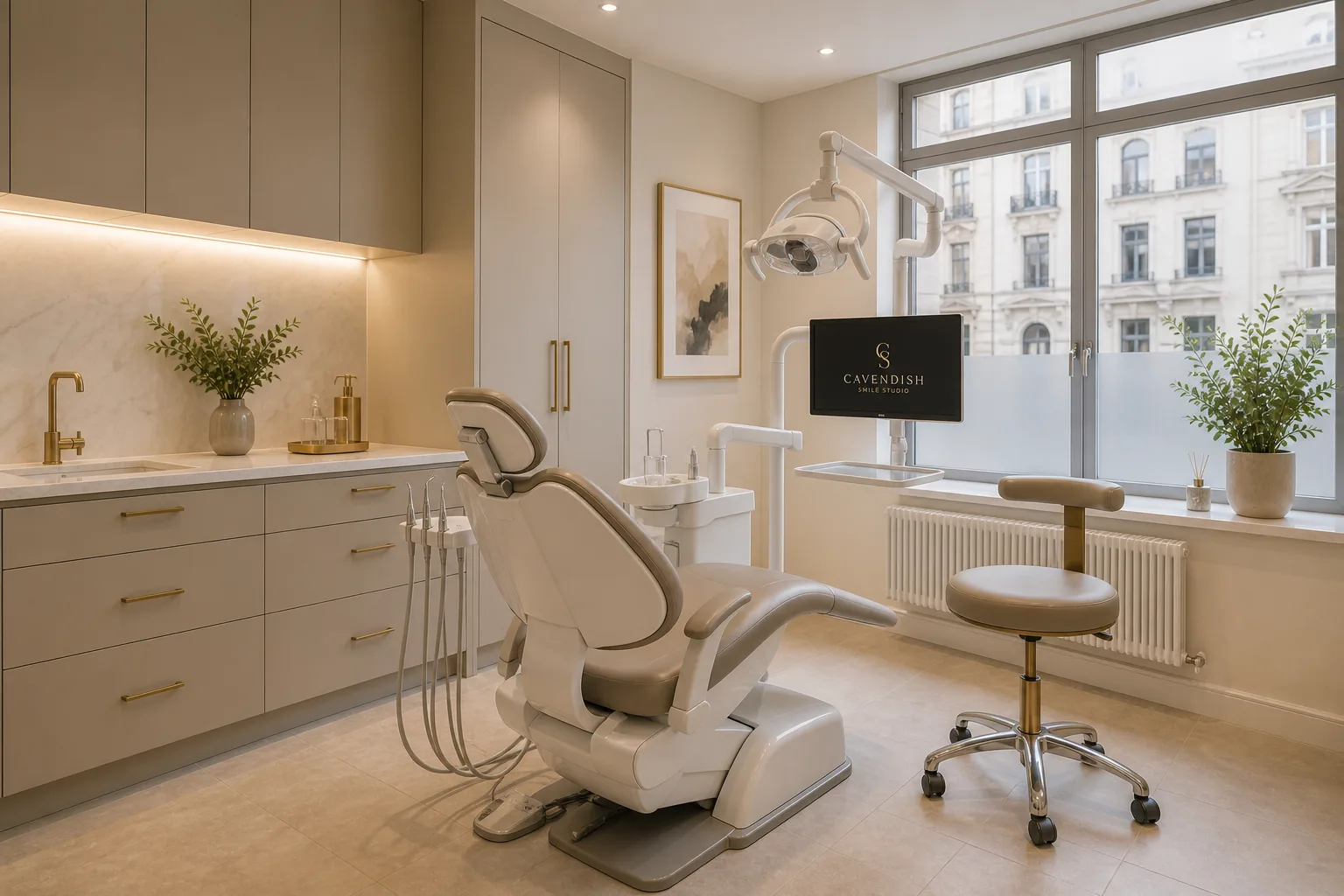 A treatment room at Cavendish Smile Studio with natural light overlooking Marylebone.